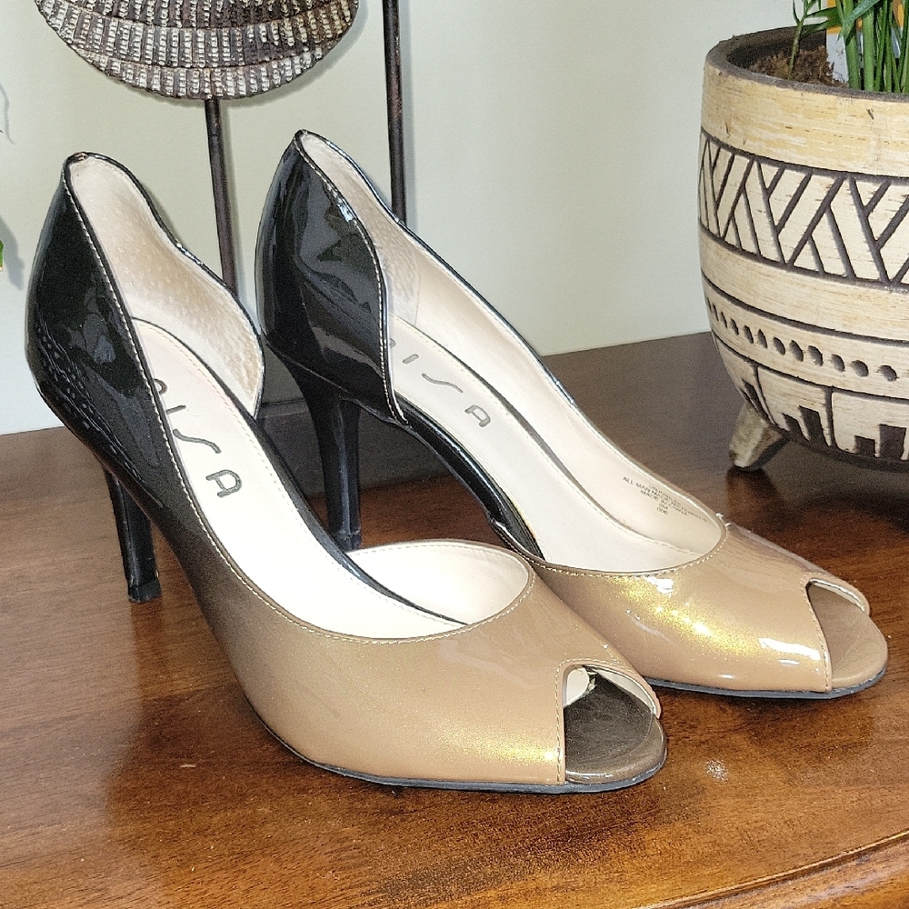 Black and Gold Peep Toe Heels